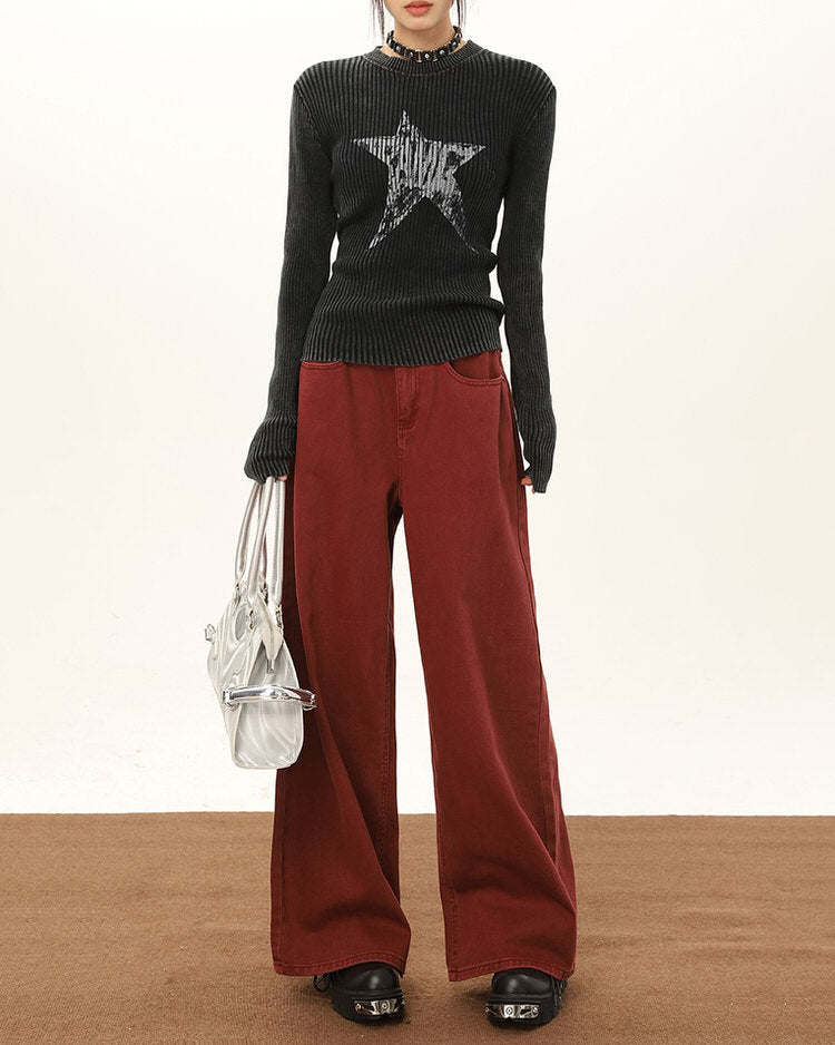 Cute Everyday Outfits, Outfit Inspo Casual Wine Red Wide-Leg Jeans Cute Everyday Outfits, Outfit Inspo Casual Wine Red Wide-Leg Jeans