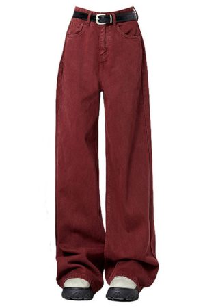 Cute Everyday Outfits, Outfit Inspo Casual Wine Red Wide-Leg Jeans
