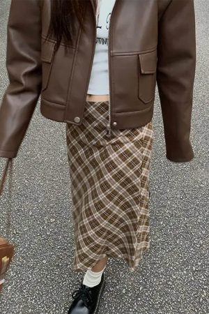 Cute Everyday Outfits, Outfit Inspo Casual Worry Less Brown Plaid Midi Skirt