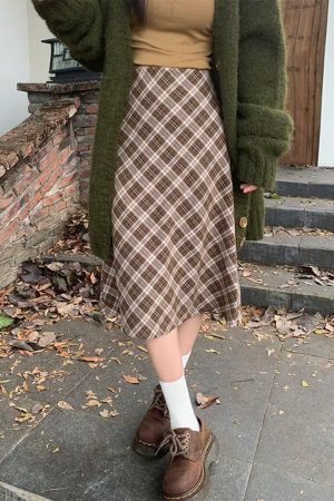 Cute Everyday Outfits, Outfit Inspo Casual Worry Less Brown Plaid Midi Skirt