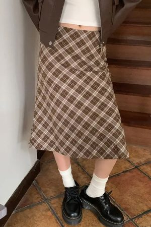 Cute Everyday Outfits, Outfit Inspo Casual Worry Less Brown Plaid Midi Skirt