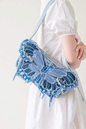 Cute Everyday Outfits, Outfit Inspo Casual Y2K Aesthetic Butterfly Denim Handbag
