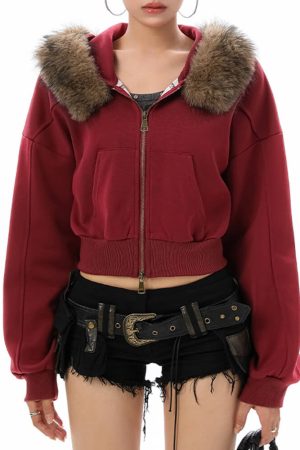 Cute Everyday Outfits, Outfit Inspo Casual Y2K Aesthetic Cropped Fur Hoodie