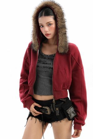 Cute Everyday Outfits, Outfit Inspo Casual Y2K Aesthetic Cropped Fur Hoodie