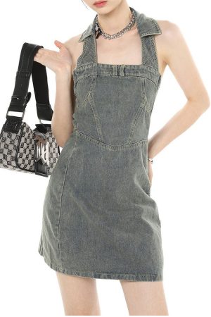 Cute Everyday Outfits, Outfit Inspo Casual Y2K Aesthetic Halter Denim Dress