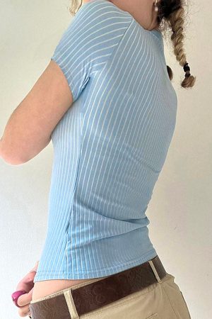Cute Everyday Outfits, Outfit Inspo Casual Y2K Blue Stripe Fitted Shirt