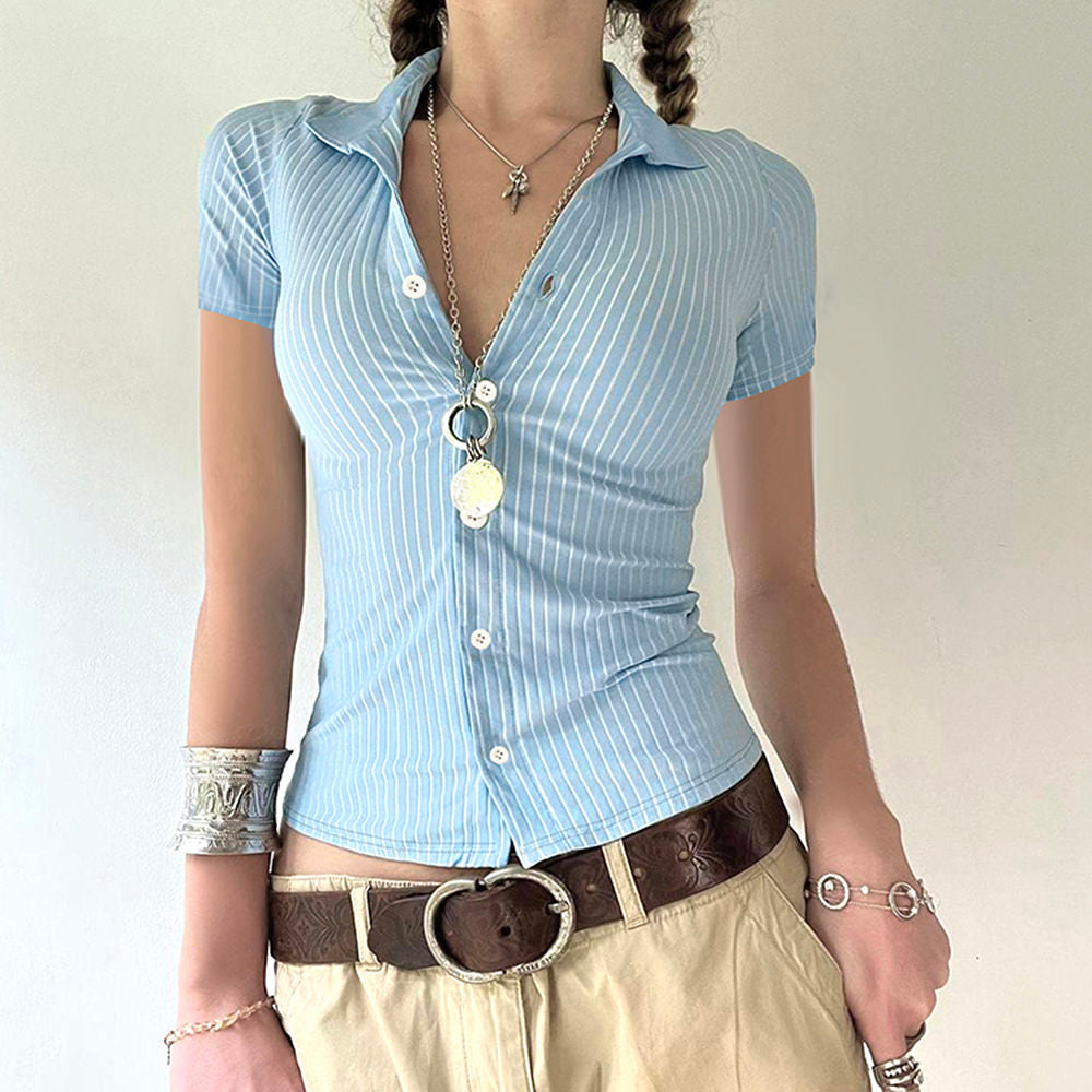 Cute Everyday Outfits, Outfit Inspo Casual Y2K Blue Stripe Fitted Shirt Cute Everyday Outfits, Outfit Inspo Casual Y2K Blue Stripe Fitted Shirt