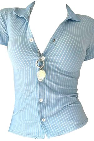 Cute Everyday Outfits, Outfit Inspo Casual Y2K Blue Stripe Fitted Shirt
