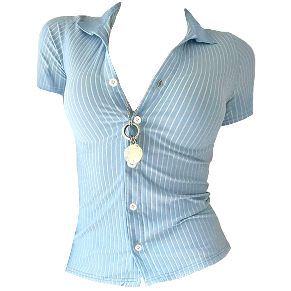 Cute Everyday Outfits, Outfit Inspo Casual Y2K Blue Stripe Fitted Shirt Cute Everyday Outfits, Outfit Inspo Casual Y2K Blue Stripe Fitted Shirt