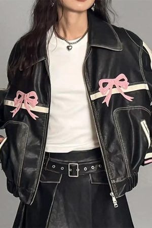 Cute Everyday Outfits, Outfit Inspo Casual Y2K Bow Motorcycle Jacket