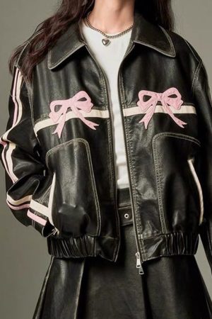 Cute Everyday Outfits, Outfit Inspo Casual Y2K Bow Motorcycle Jacket