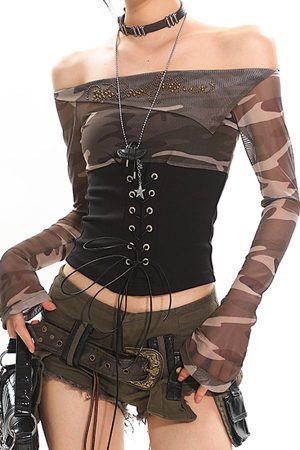 Cute Everyday Outfits, Outfit Inspo Casual Y2K Camo Off Shoulder Mesh Top