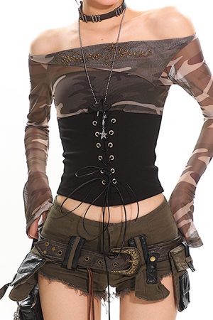 Cute Everyday Outfits, Outfit Inspo Casual Y2K Camo Off Shoulder Mesh Top