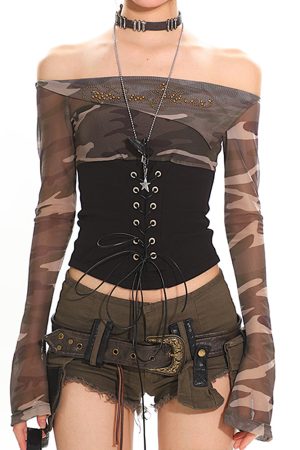 Cute Everyday Outfits, Outfit Inspo Casual Y2K Camo Off Shoulder Mesh Top