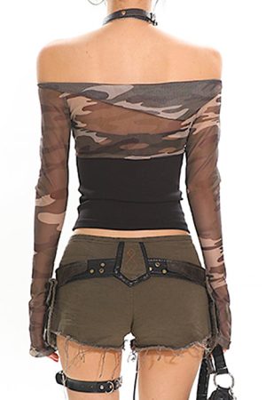 Cute Everyday Outfits, Outfit Inspo Casual Y2K Camo Off Shoulder Mesh Top