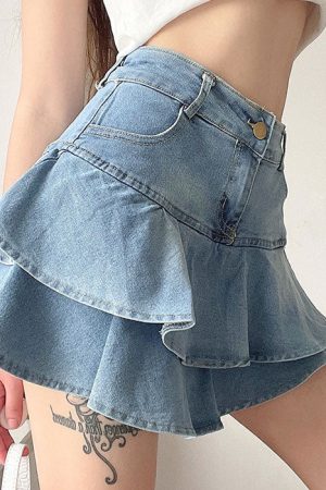 Cute Everyday Outfits, Outfit Inspo Casual Y2K Denim Ruffled Skirt