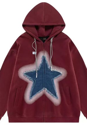 Cute Everyday Outfits, Outfit Inspo Casual Y2K Denim Star Zip Up Hoodie