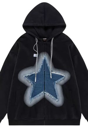 Cute Everyday Outfits, Outfit Inspo Casual Y2K Denim Star Zip Up Hoodie