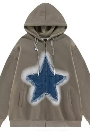 Cute Everyday Outfits, Outfit Inspo Casual Y2K Denim Star Zip Up Hoodie