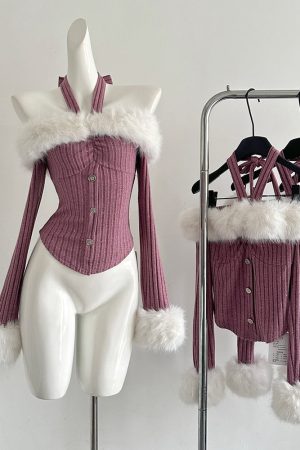 Cute Everyday Outfits, Outfit Inspo Casual Y2K Fuzzy Off Shoulder Knit Top