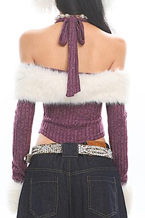 Cute Everyday Outfits, Outfit Inspo Casual Y2K Fuzzy Off Shoulder Knit Top