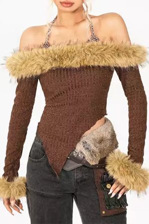 Cute Everyday Outfits, Outfit Inspo Casual Y2K Fuzzy Off-Shoulder Top