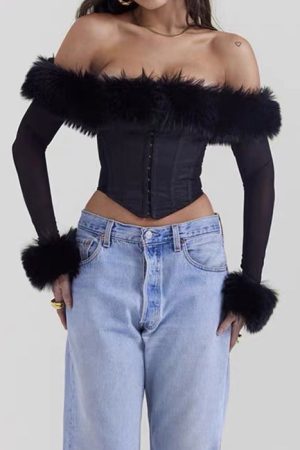 Cute Everyday Outfits, Outfit Inspo Casual Y2K Fuzzy Off Shoulder Top