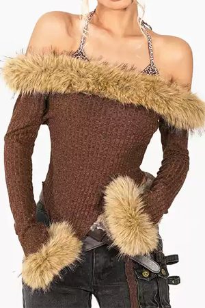 Cute Everyday Outfits, Outfit Inspo Casual Y2K Fuzzy Off-Shoulder Top