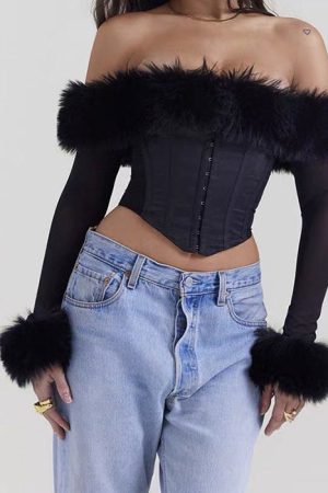 Cute Everyday Outfits, Outfit Inspo Casual Y2K Fuzzy Off Shoulder Top
