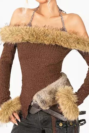 Cute Everyday Outfits, Outfit Inspo Casual Y2K Fuzzy Off-Shoulder Top