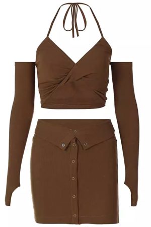 Cute Everyday Outfits, Outfit Inspo Casual Y2K Halter Top with Gloves & Skirt Set