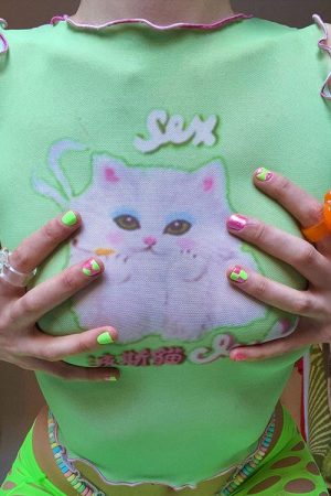 Cute Everyday Outfits, Outfit Inspo Casual Y2K Kitty Crop Top