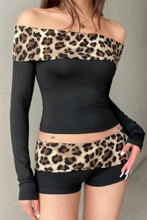 Cute Everyday Outfits, Outfit Inspo Casual Y2K Leopard Bardot Top & Shorts Set