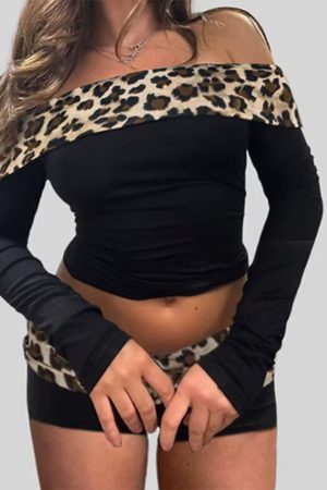 Cute Everyday Outfits, Outfit Inspo Casual Y2K Leopard Bardot Top & Shorts Set