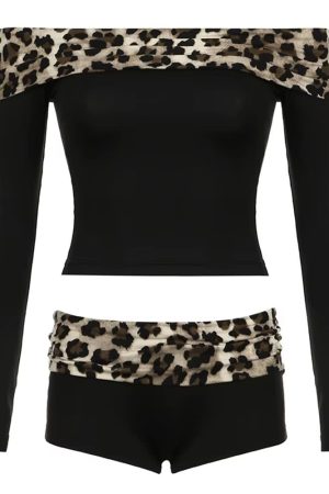 Cute Everyday Outfits, Outfit Inspo Casual Y2K Leopard Bardot Top & Shorts Set