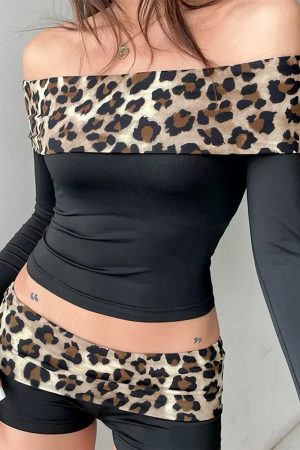 Cute Everyday Outfits, Outfit Inspo Casual Y2K Leopard Bardot Top & Shorts Set