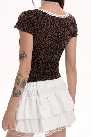 Cute Everyday Outfits, Outfit Inspo Casual Y2K Leopard Lace Crop Top