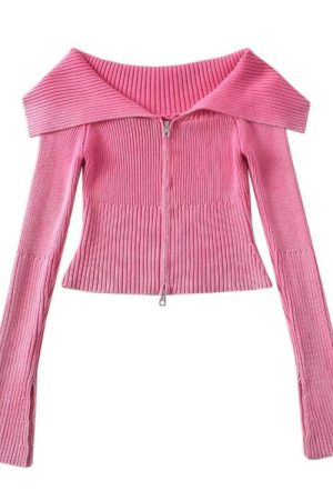 Cute Everyday Outfits, Outfit Inspo Casual Y2K Off-Shoulder Zip-Up Top