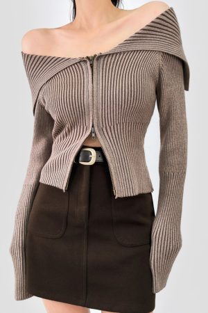 Cute Everyday Outfits, Outfit Inspo Casual Y2K Off-Shoulder Zip-Up Top