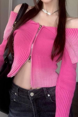 Cute Everyday Outfits, Outfit Inspo Casual Y2K Off-Shoulder Zip-Up Top