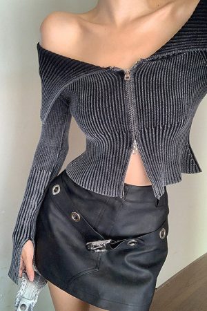Cute Everyday Outfits, Outfit Inspo Casual Y2K Off-Shoulder Zip-Up Top