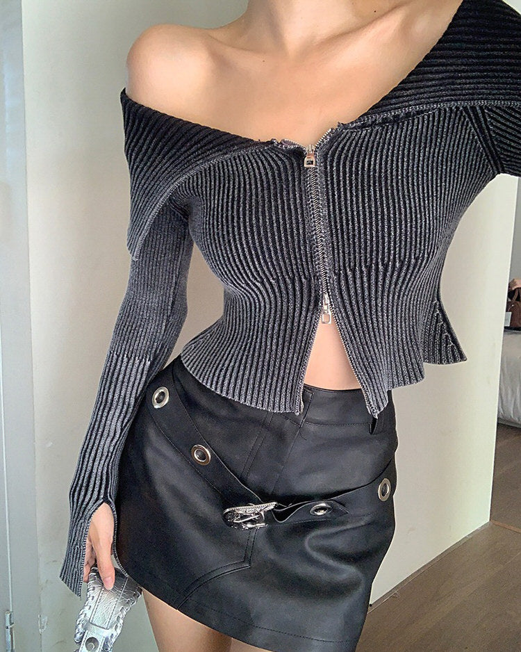 Cute Everyday Outfits, Outfit Inspo Casual Y2K Off-Shoulder Zip-Up Top Cute Everyday Outfits, Outfit Inspo Casual Y2K Off-Shoulder Zip-Up Top