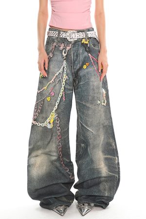 Cute Everyday Outfits, Outfit Inspo Casual Y2K Printed Chain & Charm Baggy Jeans