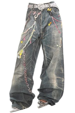 Cute Everyday Outfits, Outfit Inspo Casual Y2K Printed Chain & Charm Baggy Jeans