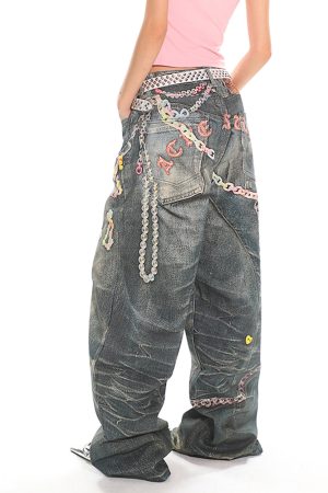 Cute Everyday Outfits, Outfit Inspo Casual Y2K Printed Chain & Charm Baggy Jeans