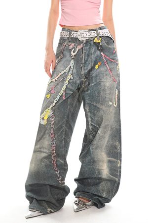 Cute Everyday Outfits, Outfit Inspo Casual Y2K Printed Chain & Charm Baggy Jeans