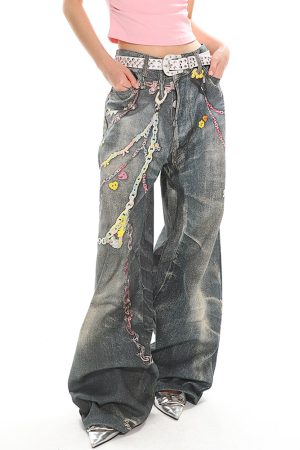 Cute Everyday Outfits, Outfit Inspo Casual Y2K Printed Chain & Charm Baggy Jeans