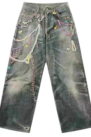 Cute Everyday Outfits, Outfit Inspo Casual Y2K Printed Chain & Charm Baggy Jeans