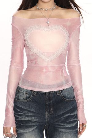 Cute Everyday Outfits, Outfit Inspo Casual Y2K Ruffled Heart Long Sleeve Top