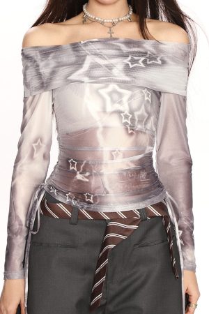 Cute Everyday Outfits, Outfit Inspo Casual Y2K Star Mesh Off-Shoulder Long Sleeve Top